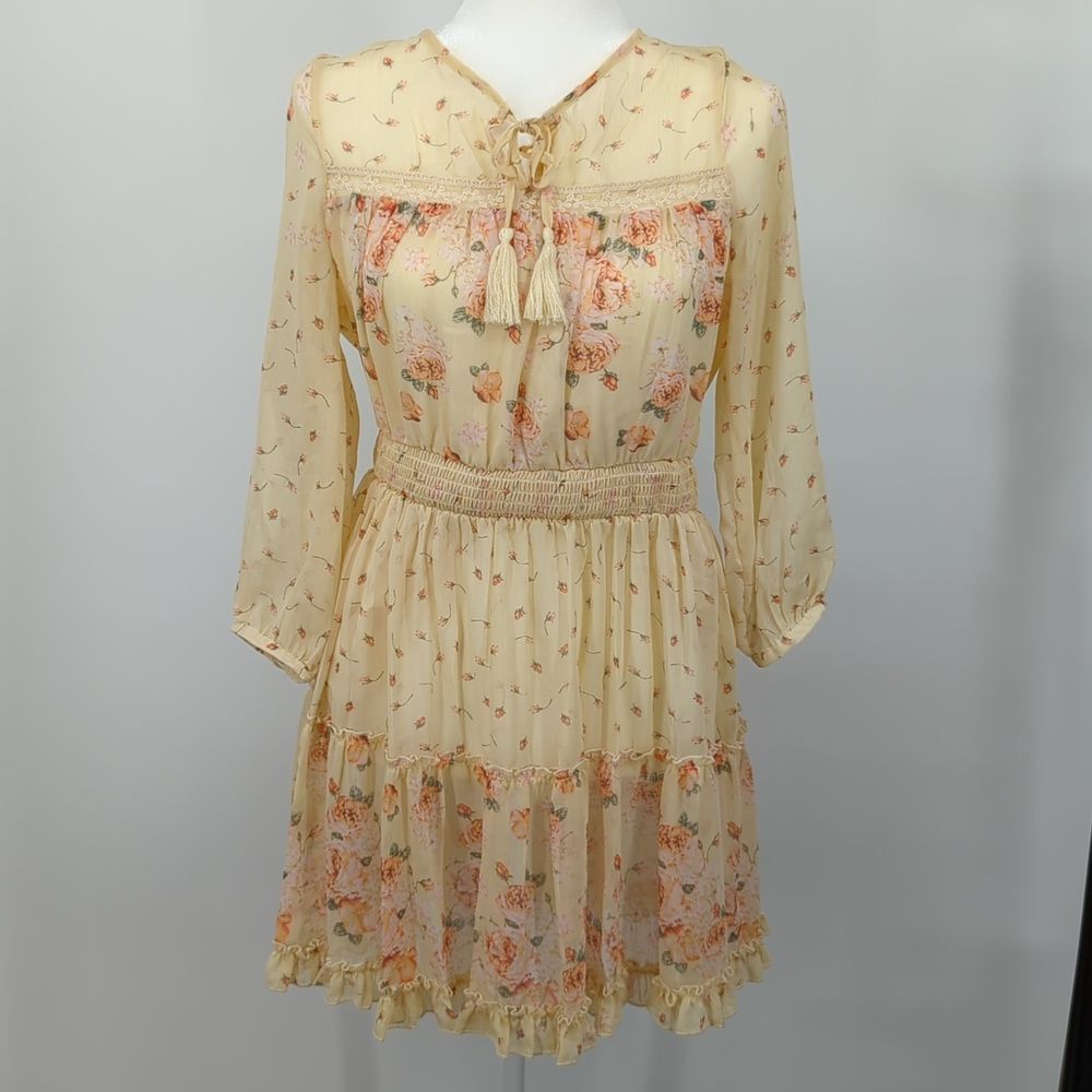 Coco + Jaimeson Light Yellow Floral Cottagecore Boho Dress with Long Sleeves L